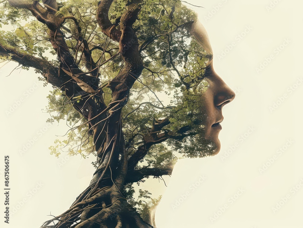 Poster surreal double exposure portrait merging human profile with lush forest intricate tree roots intertw