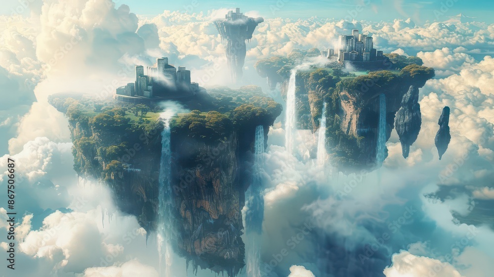 Aufkleber surreal dreamscape floating islands with impossible architecture and gravitydefying waterfalls in a 