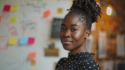 Young female professional standing next to a flipchart, explaining project details to her colleagues