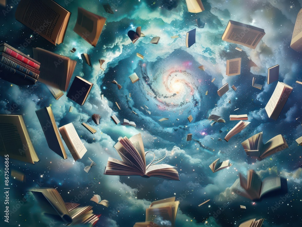Poster surreal floating library in cosmic void books transforming into celestial bodies constellations of s