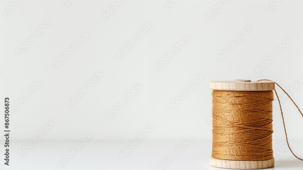 Poster a pinned spool of thread on a white background with space for text