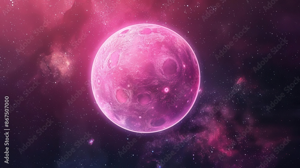 Poster surreal pink planet with ethereal glow floating in starry space smooth glossy surface with subtle cr