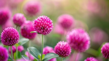 Selective focus on globe amaranth or pink blooms in spring