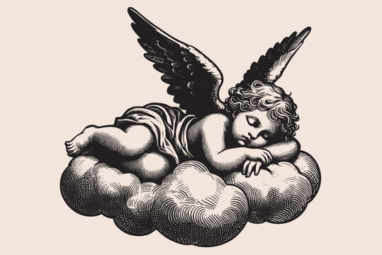 little baby angel cherub is sleeping on cloud. Old vintage engraving illustration. Hand drawn outline graphic. Logo, emblem, icon. Isolated object, cut out. black and white