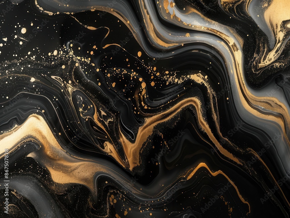 Poster swirling abstract composition of gold and black marbled patterns resembling liquid metal flowing acr