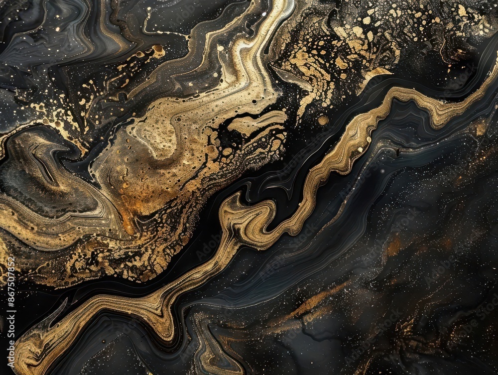 Poster swirling abstract composition of gold and black marbled patterns resembling liquid metal flowing acr
