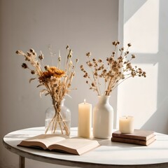Interior still life, vase with dry flowers grass, book , candle on the white table.
