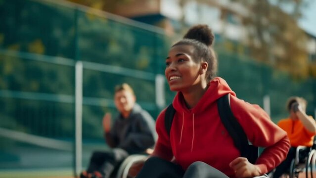 A black teenage girl in her wheelchair races alongside classmates. Inclusivity in sports, school time. Blurred background. Movement and life, joy and competitive spirit