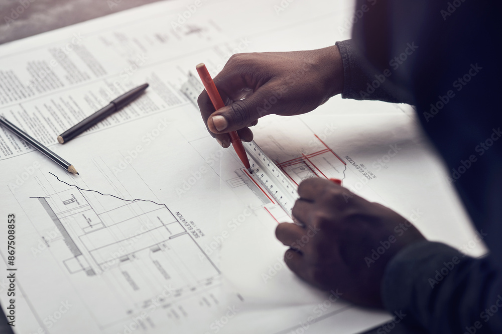 Aufkleber Man, hands and architect to scale blueprint in office, ruler and planning design for construction. Person, documents and engineering remodeling project in workplace, developer and ideas for layout