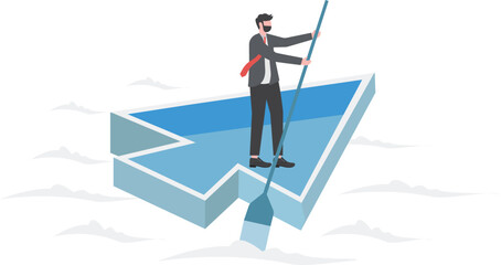 Businessman paddling arrows in water, business concept illustration,

