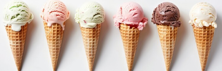 Colorful Ice Cream Cones on White Background