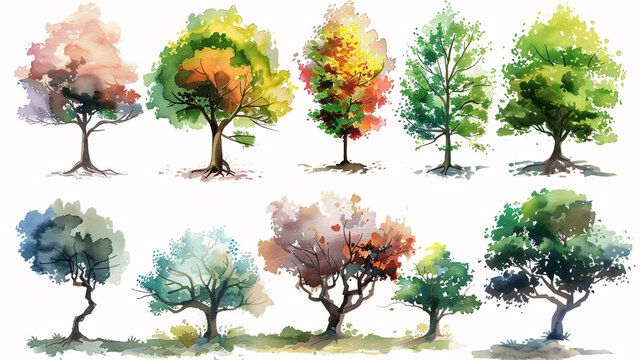 Artistic tree set collection in watercolor with multiple tree types on white background