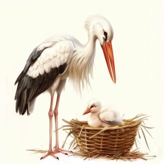 Obraz premium Mother Stork with Baby in Nest