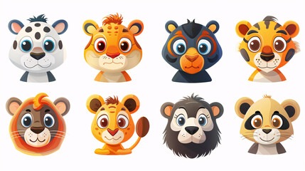 Fototapeta premium Cartoon animal face set for children's illustration, isolated on white background