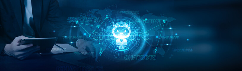 Chatbots, Businessman using laptop and analysis chatbots data with increased growth on customer support, marketing, sales, operations, and user engagement on global network.