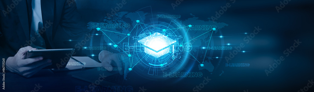 Poster e-learning. businessman using laptop and leveraging e-learning platforms with accelerated growth on 