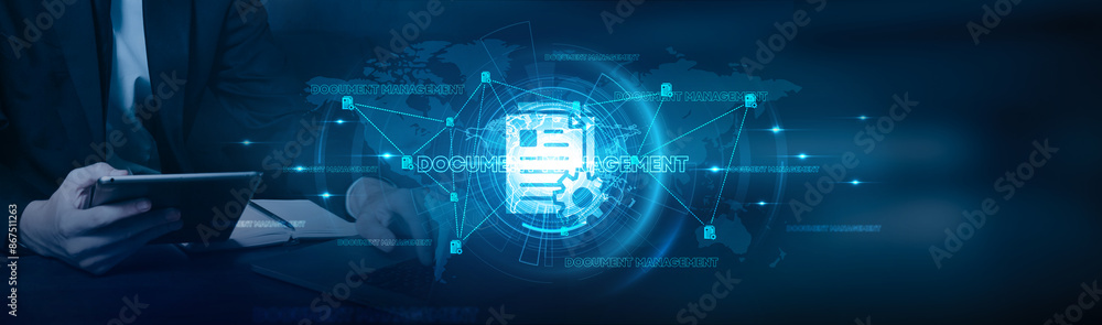 Poster document management. businessman using laptop and document management systems with increased growth 