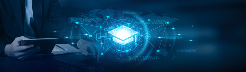 E-learning. Businessman using laptop and leveraging E-learning platforms with accelerated growth on education, technology, skills development, online courses, and virtual classrooms on global network.