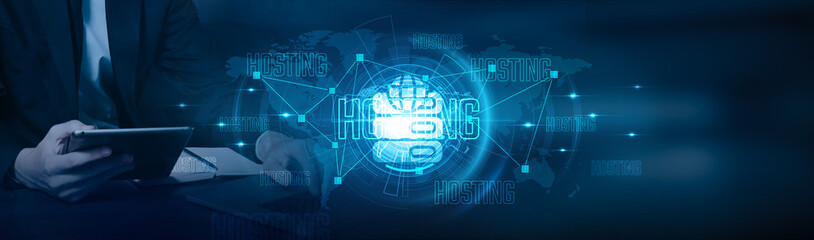 Hosting. Businessman using laptop and hosting business transactions with increasing growth on e-commerce, cloud services, data management, digital marketing, and virtual meetings on global network.