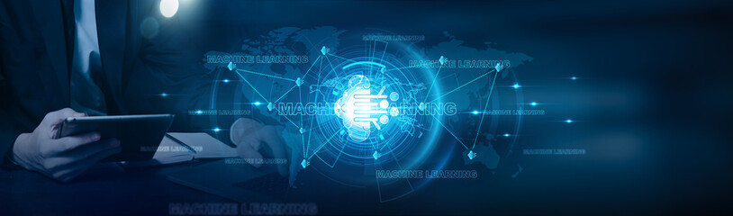 Machine learning, Businessman using laptop and analysis utilizing machine learning algorithms with business growth on sales, market trends, operational efficiency, and profit margins on global network