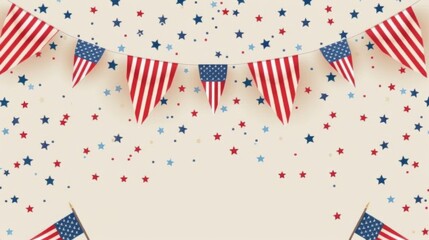 Obraz premium A festive image featuring American flag bunting with stars and confetti against a soft beige background, representing celebration, joy, and national pride during special events.