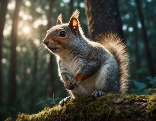 Fototapeta premium squirrel, animal, nature, rodent, tree, red, park, wild, wildlife, tail, forest, fur, cute, mammal, nut, eating, grey, brown, autumn, fluffy, green, eat, grass, furry