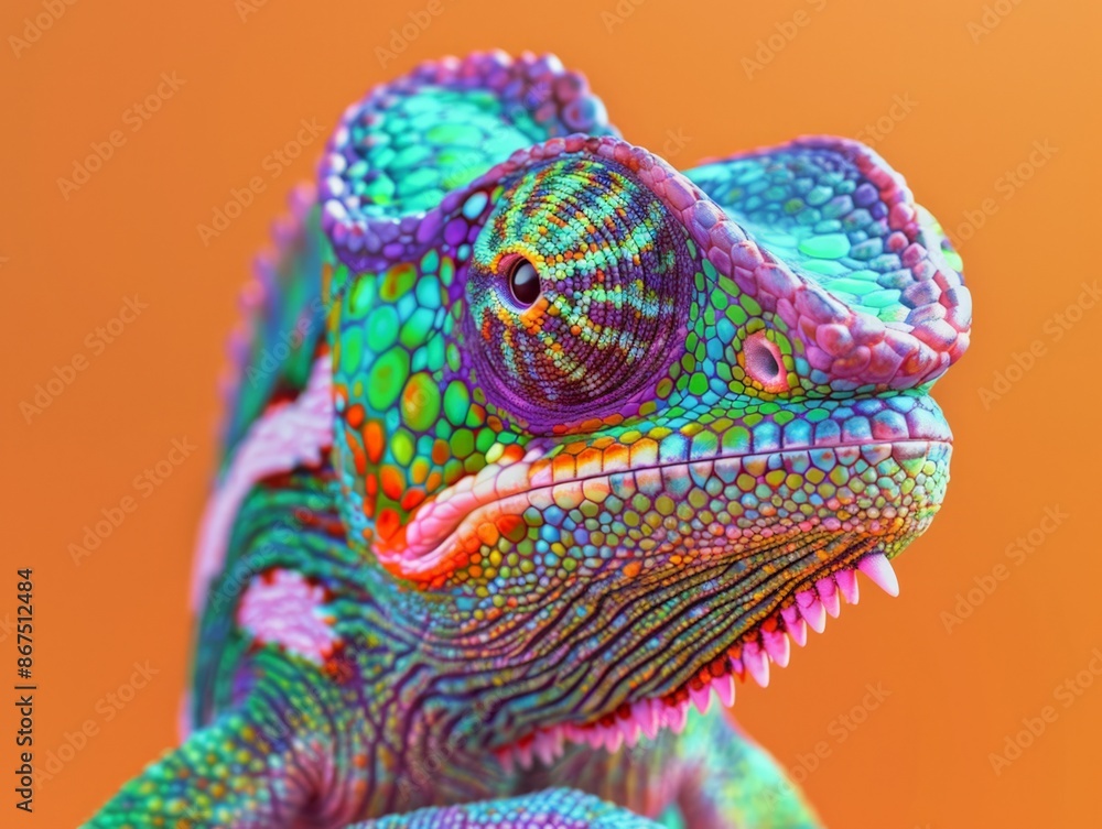 Poster vividly colored chameleon with striking patterns and intense gaze