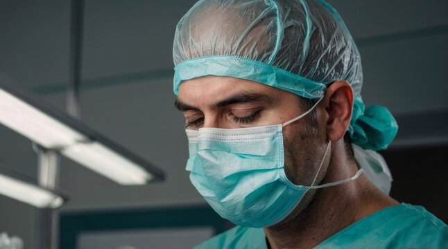 Male surgeon tying mask at operating room