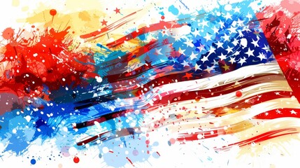 A colorful and dynamic abstract painting of the American flag, characterized by energetic brushstrokes and splatters, symbolizing freedom, creativity, and vibrant expression.