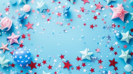 Colorful assortment of red, white, and blue stars and confetti spread across a light blue background, ideal for patriotic celebrations and festive events.