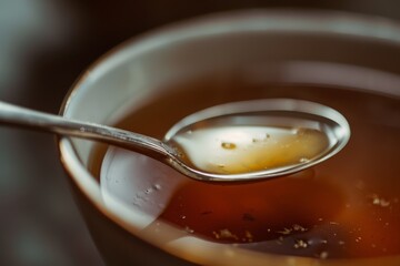 A spoon is in a cup of tea