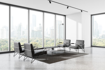 Business relax interior with four armchairs and coffee table, panoramic window