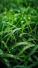 Morning dew on green grass in spring, highlighting the natural freshness and beauty