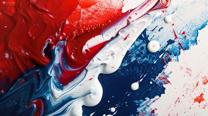 Vivid paint splashes in red, white, and blue swirl together, creating a dynamic and vibrant abstract scene, symbolizing creativity and patriotic spirit.