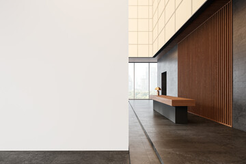 Wooden office interior reception desk and panoramic window, mockup wall