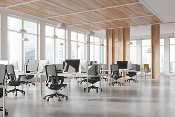 Modern co-working office space with desks and computers, natural light, wooden accents, open layout, business concept. 3D Rendering