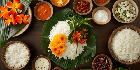 Sri Lankan New Year feast with traditional coconut milk rice and flowers. Concept Sri Lankan Cuisine, Coconut Milk Rice, Traditional Feast, New Year Celebrations, Flower Decorations