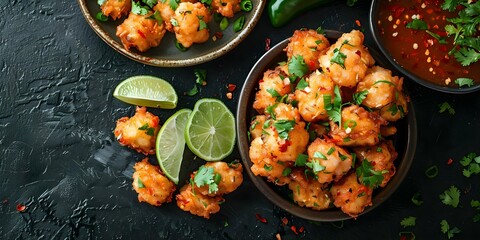 Fried codfish fritters with lime hot sauce known as Bolinho de Bacalhau. Concept Brazilian Cuisine, Seafood Appetizer, Traditional Recipes, Latin American Flavors