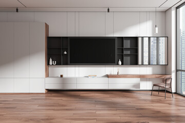 Home living room interior with tv screen, table, shelves and panoramic window