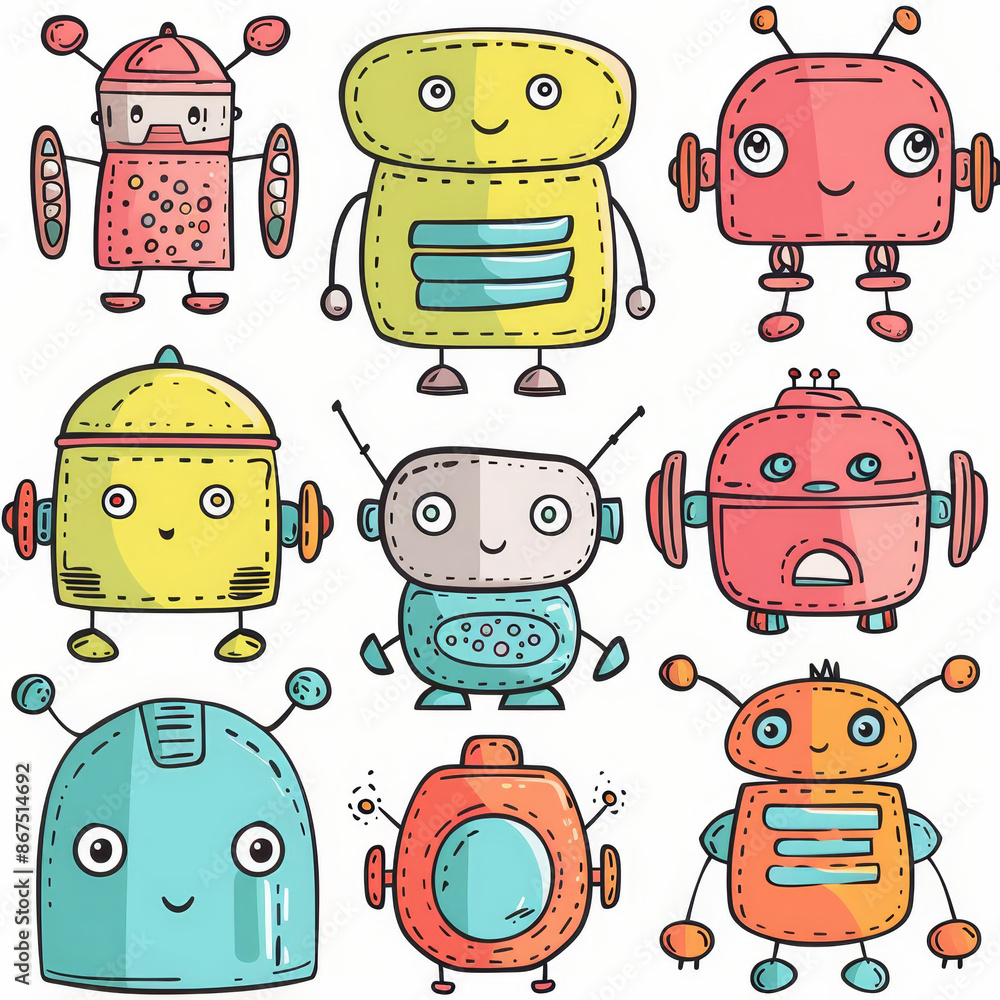 Aufkleber set of cartoon illustration vector happy funny ai artificial intelligence robot in green and red col