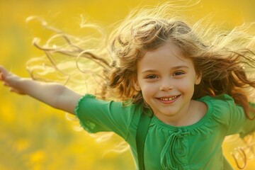 Happy Child with Blonde Hair in a Field of Yellow Flowers