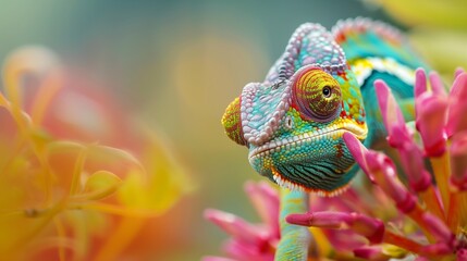 A colorful chameleon is sitting on a pink flower. The chameleon is green and yellow, and it has a big, curious look on its face. The flower is surrounded by other flowers, creating a vibrant