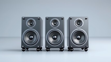 Obraz premium Three speakers are lined up on a white background