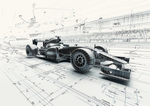 Formula 1 Car Wireframe on Technical Blueprint - High-resolution wireframe of a Formula 1 car overlayed on a detailed technical blueprint, showcasing advanced automotive design and engineering.