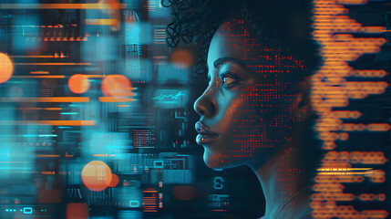 AI cyber security threat illustration, black african american female IT specialist analysing data information technology, augmented reality artificial intelligence collage, side profile, copy space