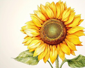 Fototapeta premium Bright yellow sunflower on a white background, vibrant colors, high contrast, detailed, realistic illustration