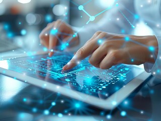 Businessman showing cloud computing diagram on a tablet, hightech, bright colors, digital rendering