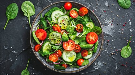 Fresh vegetable salad in bowl on dark background. Vivid greens and ripe tomatoes create a healthy dish. Food photography, healthy eating, and vibrant colors 