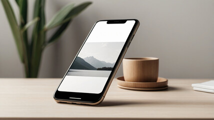 Black smartphone mockup on a table