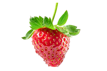 A fresh and juicy strawberry with green leaves isolated on a white transparent background.
